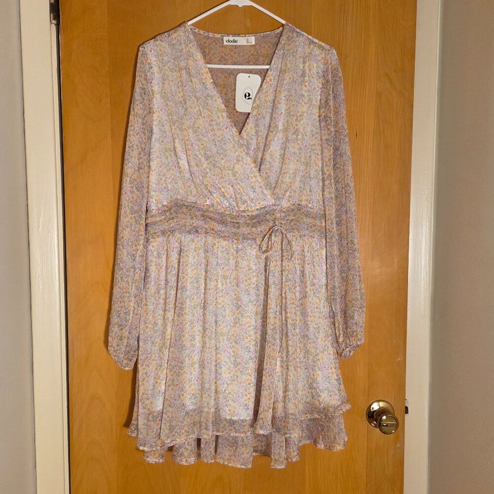 NWT Elodie Babydoll Ditzy Floral Midi Dress Womens L Chiffon Sheer Feminine
